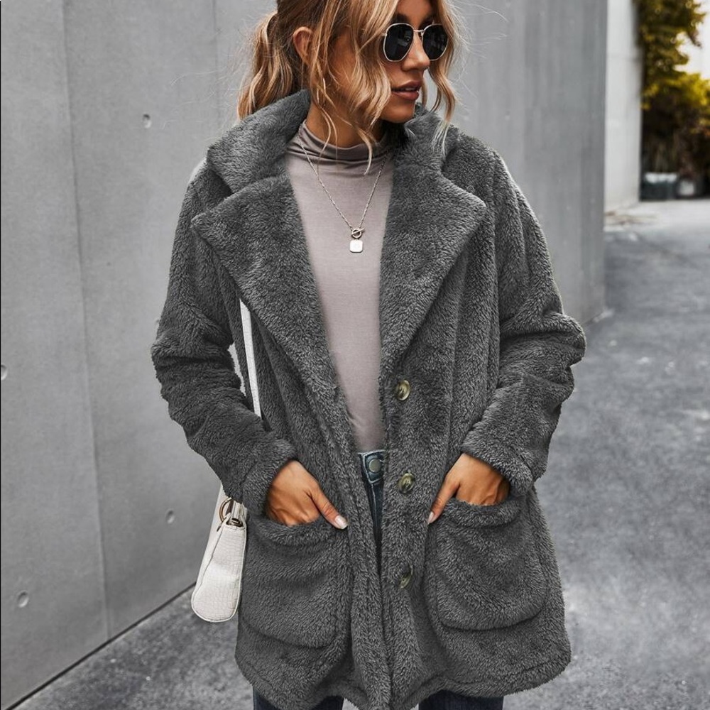 Charcoal comfy button pocket teddy jacket pea coat - Picture 11 of 12
